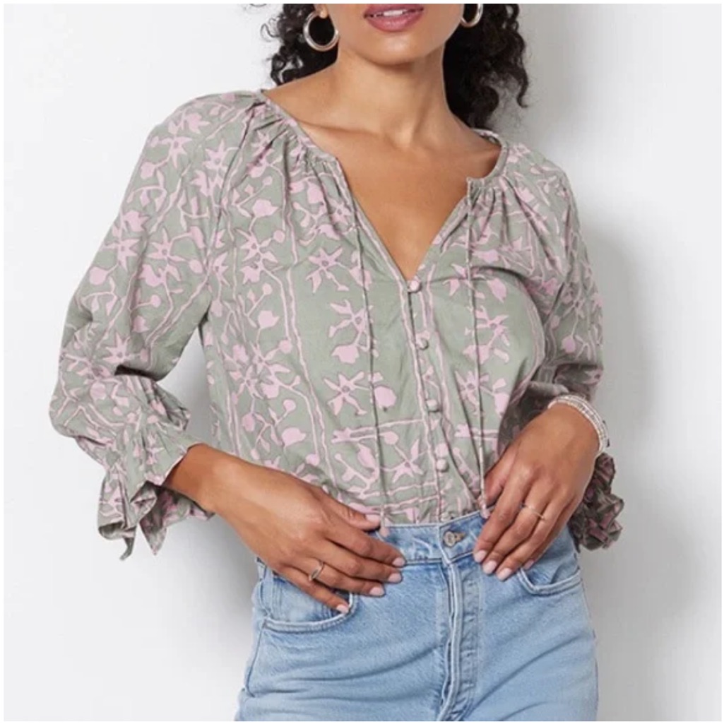 Cleobella Whitley Ruffle Sleeve Button Front Split V-Neck Tie Boho Blouse Xs